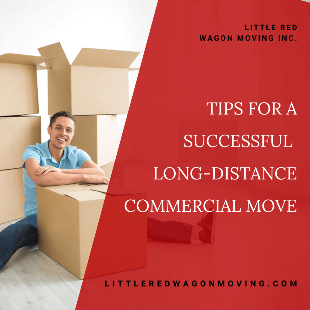 On the left side of this graphic is an image of a man with his arms resting on a moving box, and there are more moving boxes stacked up behind up. On the right side of this image is a red overlay with white text that reads, "Tips For A Successful Long-Distance Commercial Move."