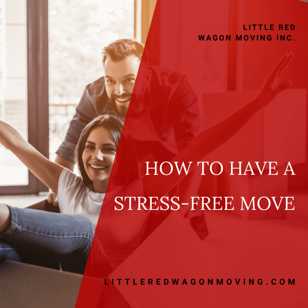 This graphic has a picture of a man and woman moving happily. The man is pushing the woman, who's sitting in a moving box. On the right of the graphic is a red trapezoid overlaying the image, with white text that reads, "How To Have A Stress-Free Move."