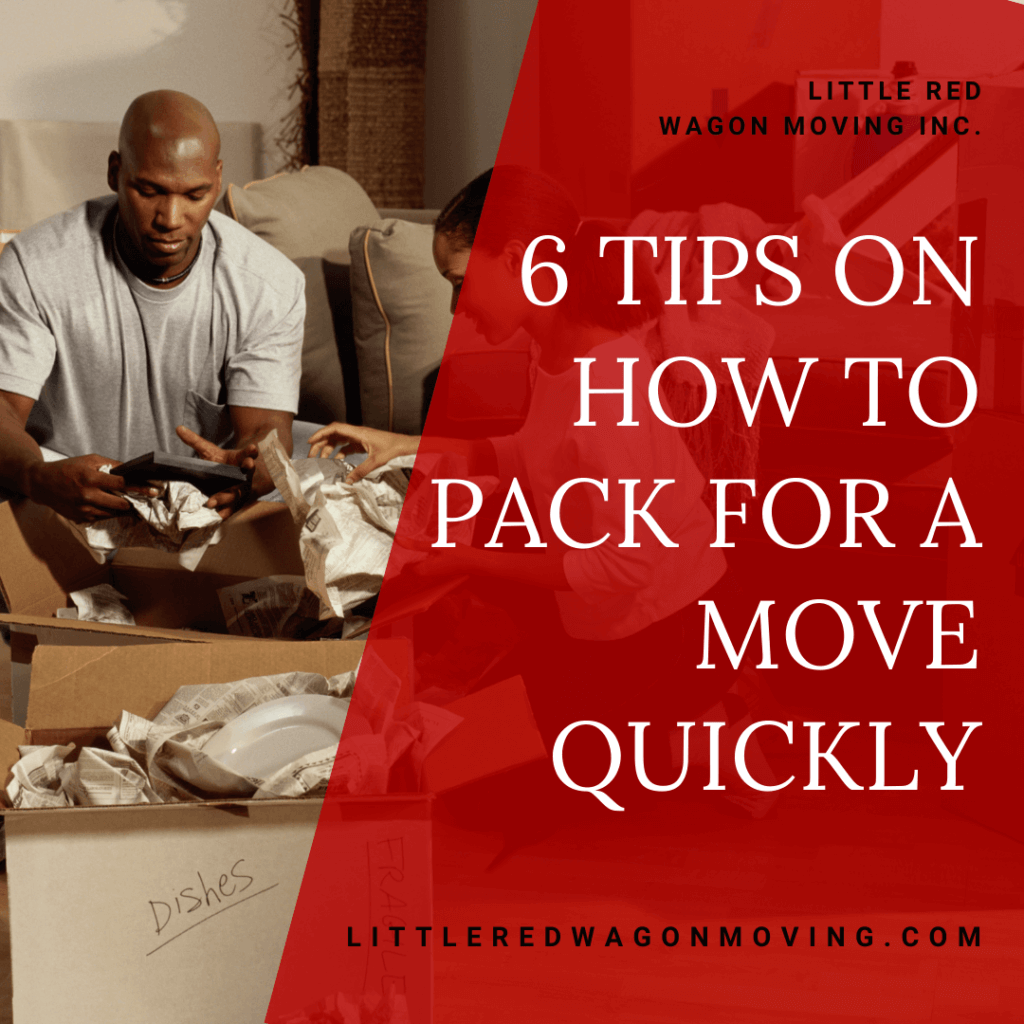 The graphic features a picture of two people packing items into boxes with a white title toward the right side of the image that reads, "6 Tips on How to Pack for a Move Quickly".