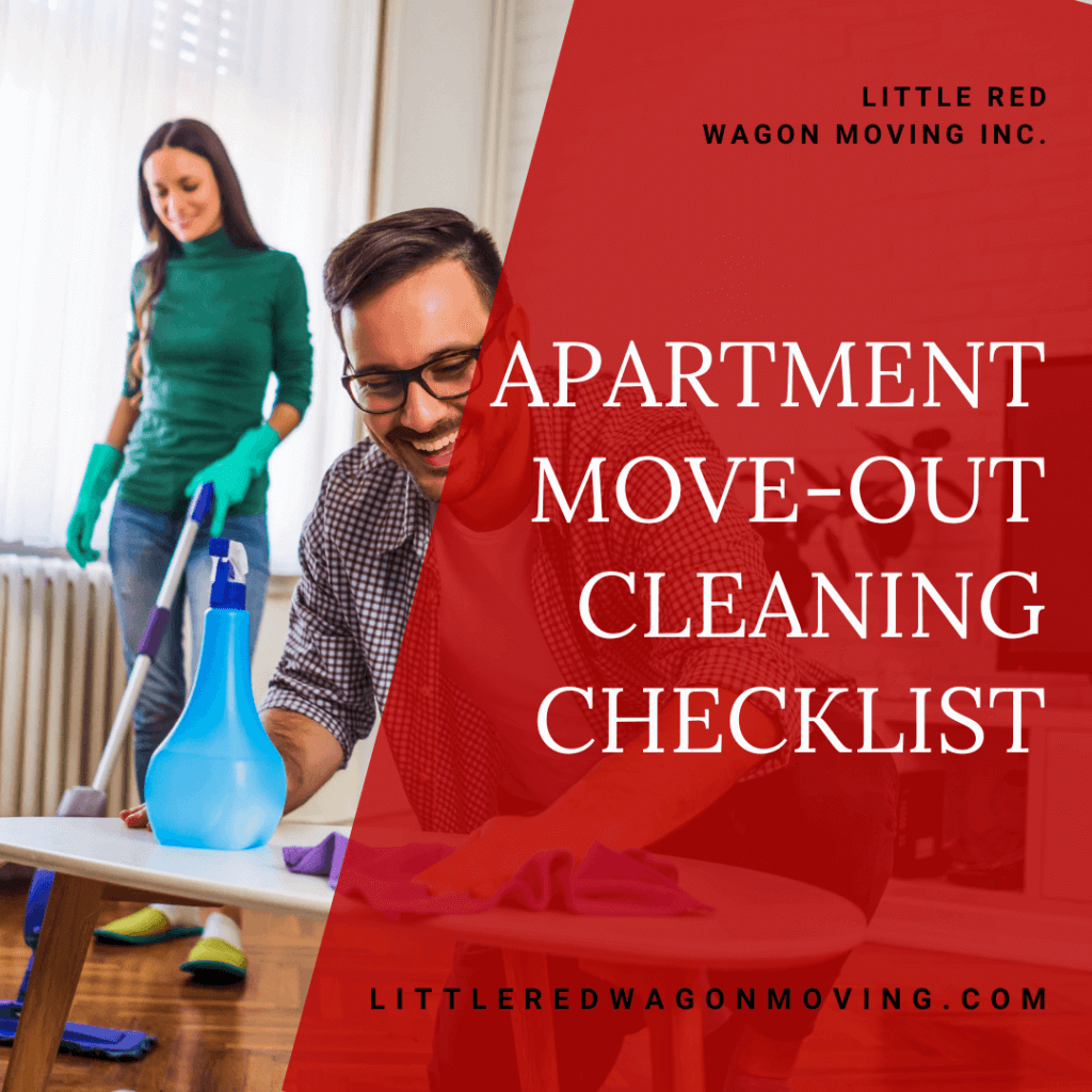 The graphic features a picture of two people cleaning their home with a white title toward the right side of the image that reads, "Apartment Move-Out Cleaning Checklist".