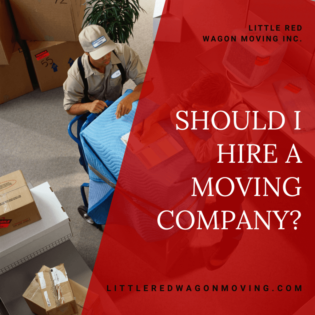 The graphic features a picture of two people packing items into boxes with a white title toward the right side of the image that reads, "Should I Hire a Moving Company?"