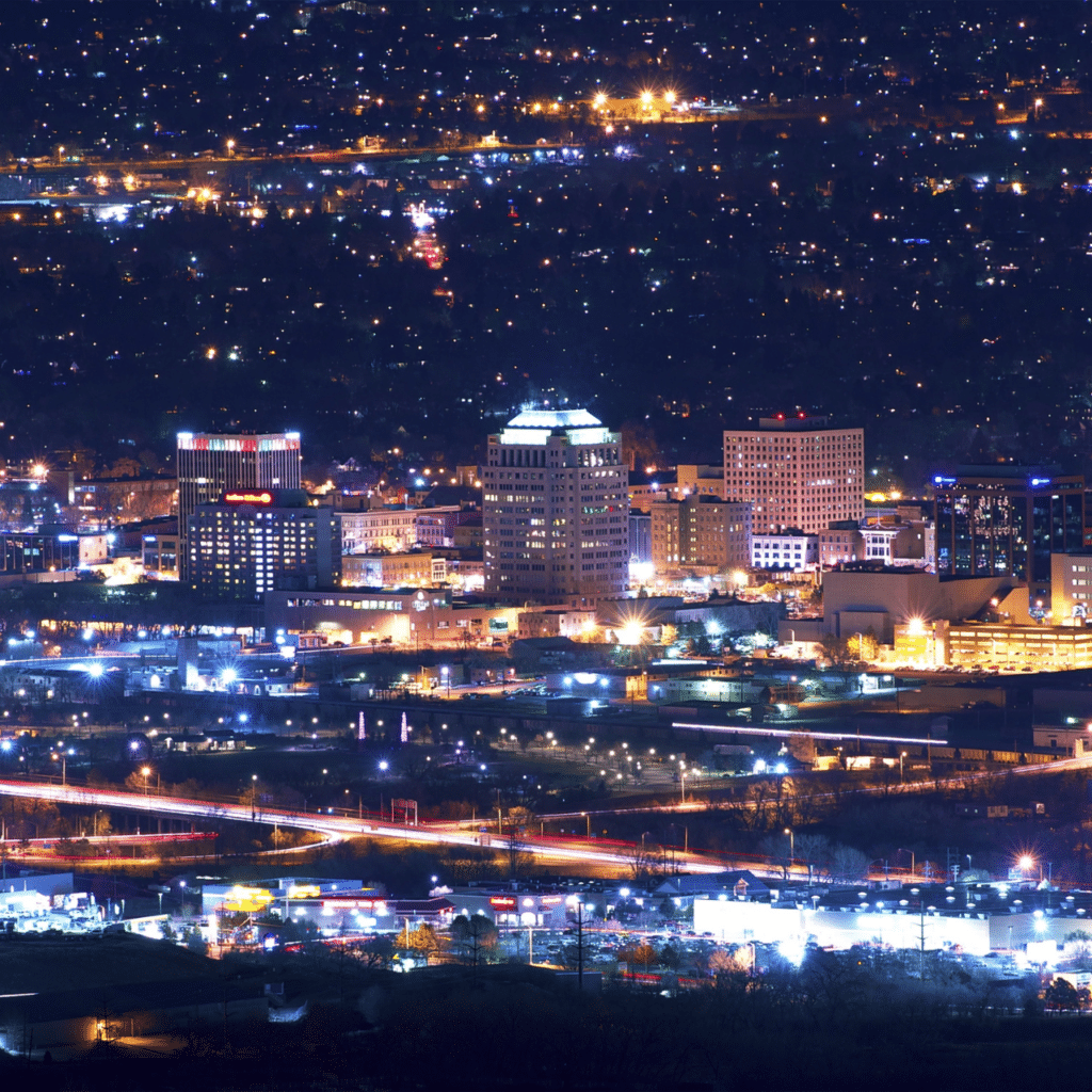 A picture of Colorado Springs at night.