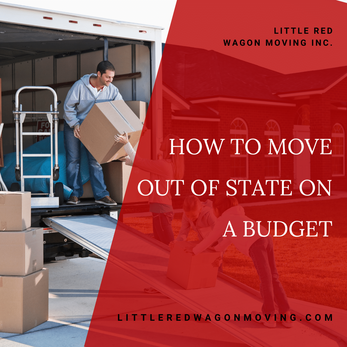 A picture of a family moving boxes into a large truck with a blog title that reads, "How to Move Out of State on a Budget"