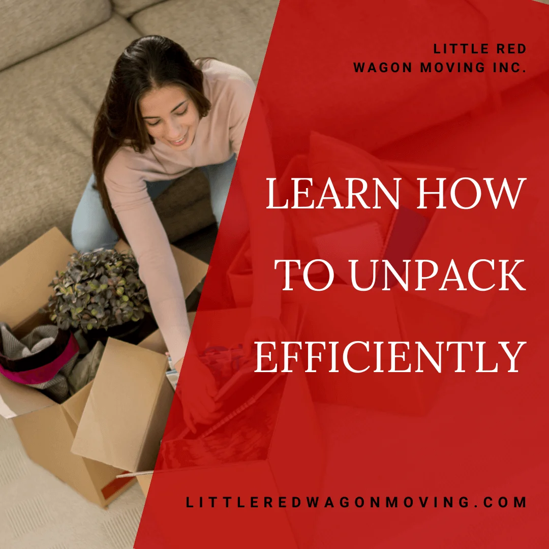 The image of this graphic is a brunette-haired girl unpack a few boxes that are sitting on the ground in front of her. The words on this graphic read, "Learn How To Pack Efficiently."