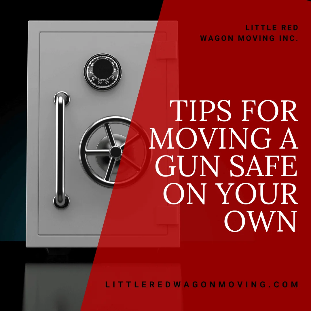 The graphic features a steel gun safe with a white caption toward the right side of the image that reads, "Tips for Moving a Gun Safe on Your Own".