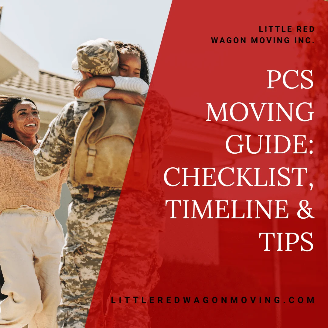A blog graphic for a blog called "PCS Moving Guide: Checklist, Timeline & Tips". The background picture features a soldier coming home to his wife and daughter.